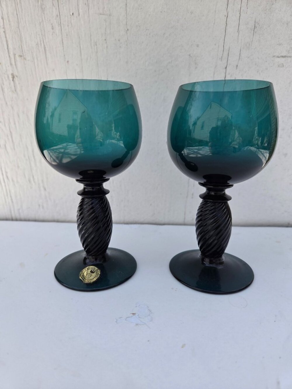 2 Vintage Theresienthal Pieroth Römer Exclusive Glass Goblets Teal Swirled Stem